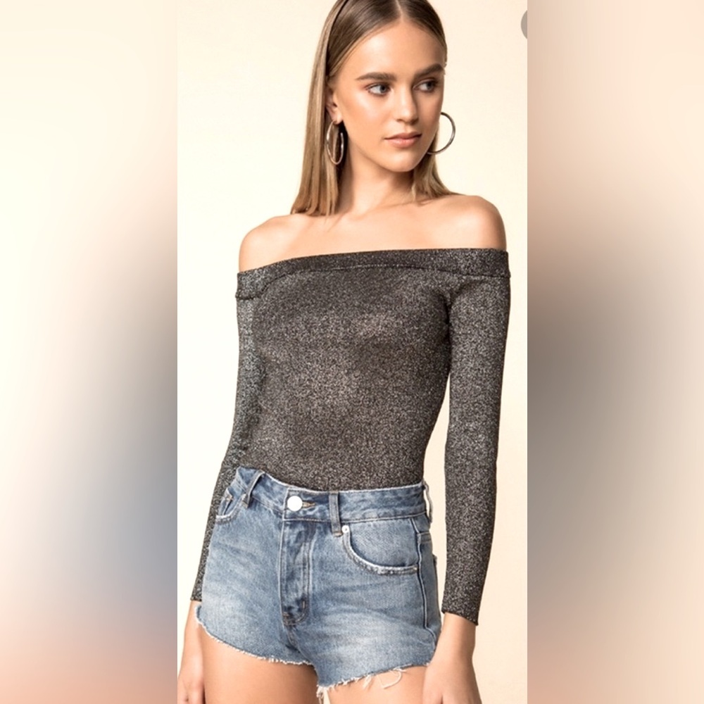 SUPERDOWN Black/Solver Sparkley Off the Shoulder Top Sz‎ XL